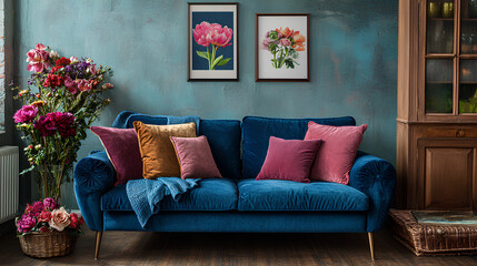 Stylish sofa setup with bold cushions and fresh flowers, creating a cheerful and inviting atmosphere. Mock up poster frame.