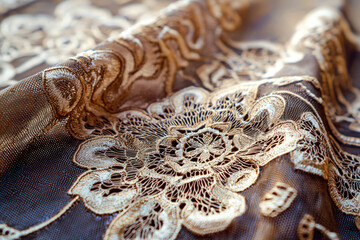 Turkish handcrafted lace tablecloth, brown design close-up background.