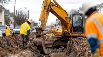 Construction crews rebuilding damaged infrastructure post-flood, Flood Reconstruction, Urban recovery