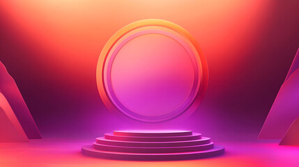 Empty studio with vivid hologram glow effect and round podium, 3D rendering, Close up empty colorful  steps pedestal or podium with following spotlight, neon pink and purple colors, blank empty space