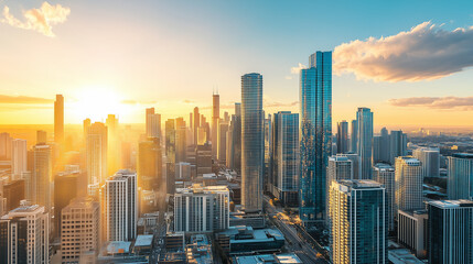 Aerial View of City Skyline with Skyscrapers and Buildings