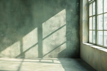 Minimalistic industrial style room with sunlight casting geometric shadows