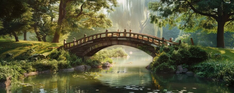 Park with an arched bridge over a small river, 4K hyperrealistic photo,
