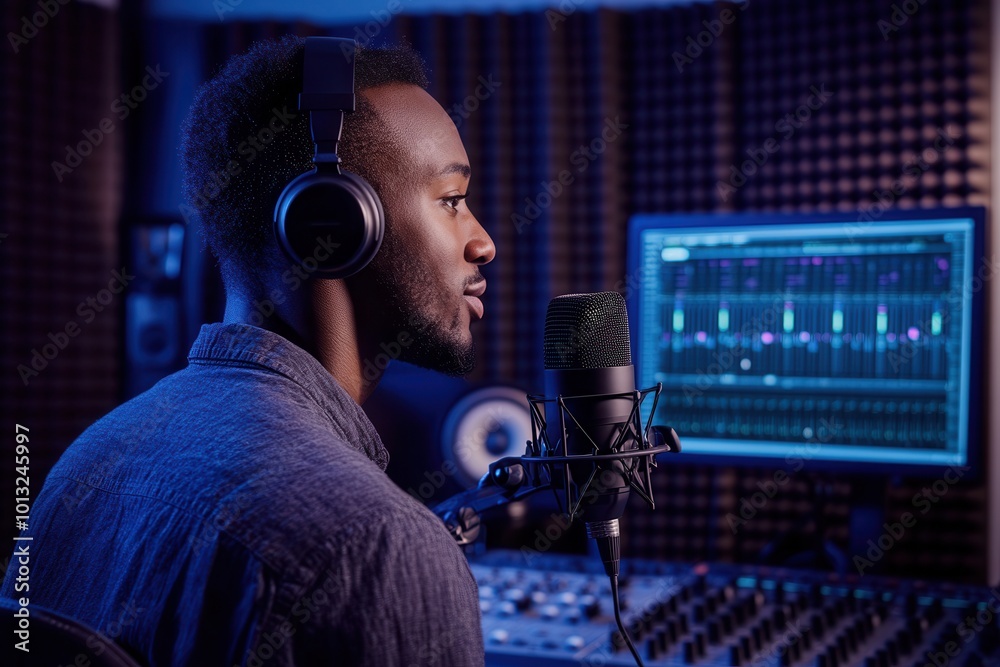 Poster A focused podcaster shares insights while using a microphone in a well-equipped recording studio. Generative AI