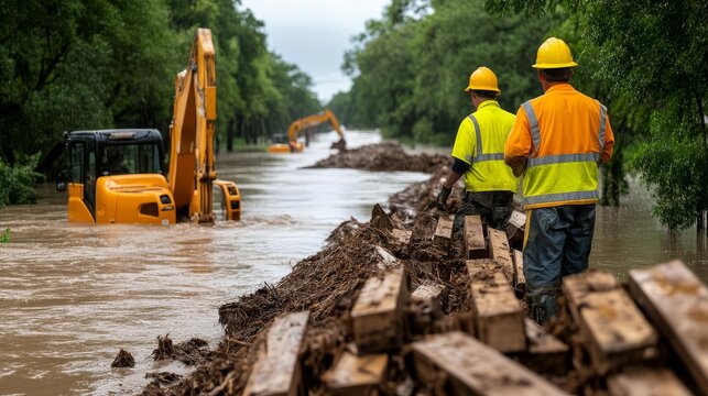 Engineers reinforcing levees after flood damage, Flood Prevention, Infrastructure protection