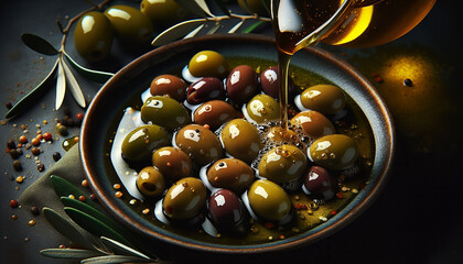 A bowl of mixed olives with olive oil being poured, surrounded by olive branches and spices, creating a rich, appetizing scene.