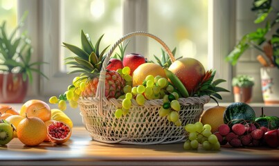 Basket of fruit on the kitchen table, 4K hyperrealistic photo