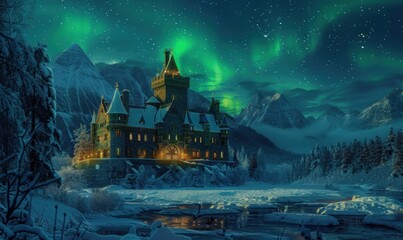Obraz premium Frost-covered castle under the northern lights, 4K hyperrealistic photo