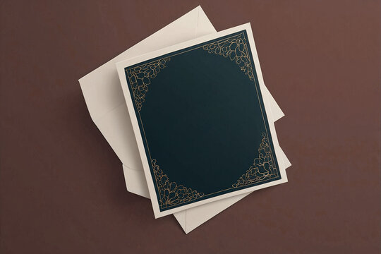 Elegant dark green wedding invitation with golden floral corners on cream background with copy space