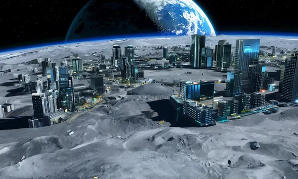 Futuristic moon city with tall  glowing buildings overlooking Earth.