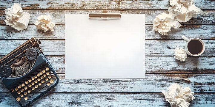 A minimalist workspace with a vintage typewriter, crumpled papers, and a blank canvas, set against a light gray background, perfect for evoking the essence of National Novel Writing Month.