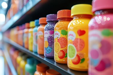  Colorful vitamin shelf in pharmacy, with bottles of kids' vitamins neatly arranged by flavor and shape.