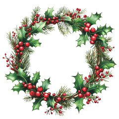 Watercolor Christmas Wreath with Holly and Mistletoe