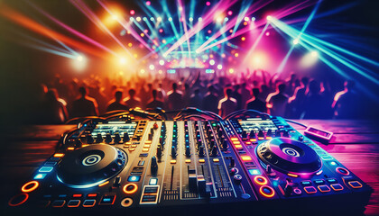 A DJ mixer illuminated by vibrant blue and pink stage lights, creating an energetic atmosphere at a music event.