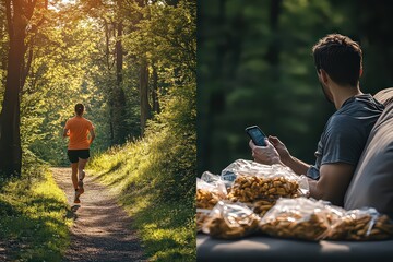 Fototapeta premium Split image showing a man jogging through a forest in sunlight on one side, and lounging on a couch with snacks on the other. A visual contrast between fitness and relaxation.