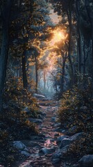 Obraz premium Sacred woodland sanctuary at twilight, 4K hyperrealistic photo