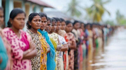 Obraz premium Residents lining up at relief centers for water and food after a flood, Flood Relief, Humanitarian aid