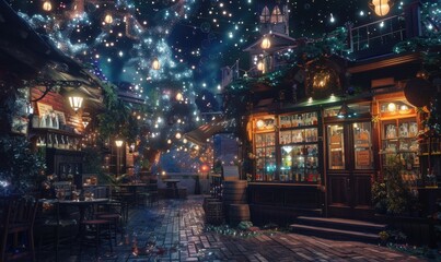 Enchanted potion shop beneath a twinkling night sky, 4K hyperrealistic photo