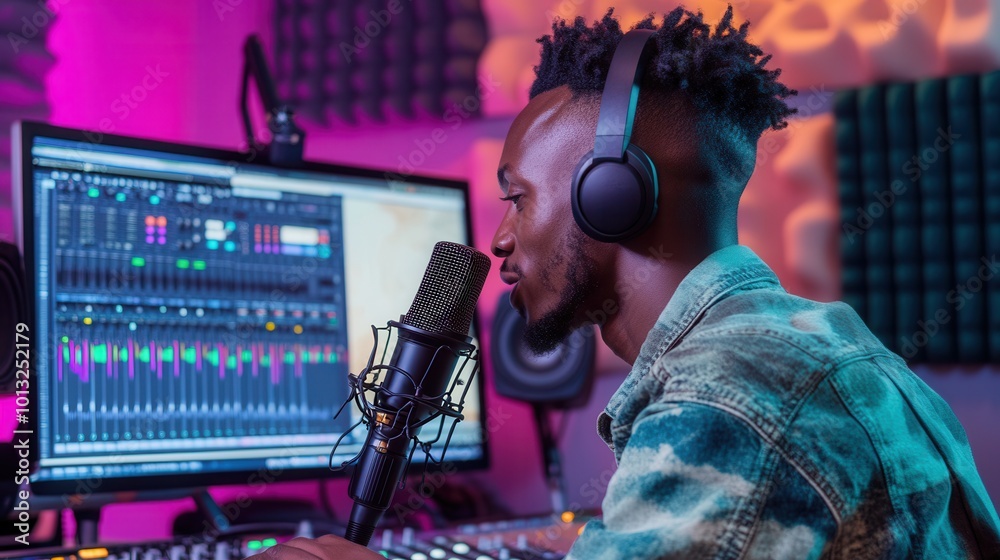 Poster the podcaster speaks passionately into the microphone, surrounded by colorful studio lights and adva