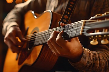 Obraz premium Close-up of a person's hands playing an acoustic guitar, the warm glow of the lights reflecting on the instrument's finish.