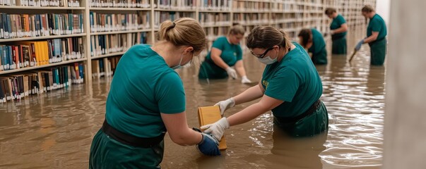 Volunteers cleaning out a flooded library, Flood Cultural Recovery, Saving community heritage