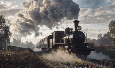 Fototapeta premium Classic steam engine puffing smoke on rural tracks, 4K hyperrealistic photo