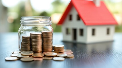 Realizing Homeownership Goals: House Model, Savings Jar, and Bank Loan Concept in 3D Render