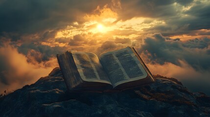 open bible on rocky mountain with dramatic sky