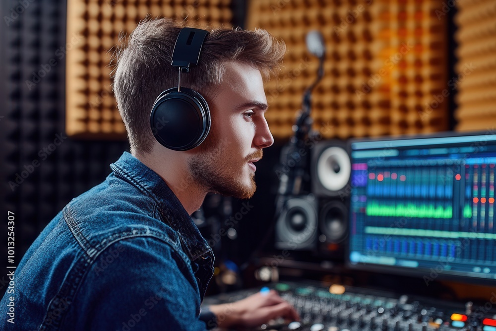 Aufkleber A professional podcaster is actively speaking into a microphone in a studio, surrounded by audio monitors and equipment. Generative AI