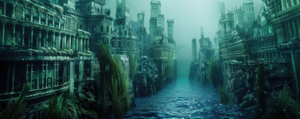 Submerged city with grand structures and swaying kelp forests, 4K hyperrealistic photo