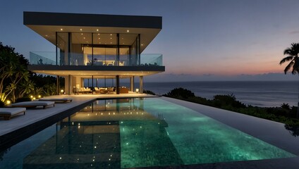 This contemporary villa boasts an infinity pool with expansive ocean views and a sleek modern design.