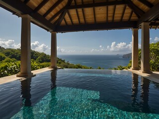 This luxurious villa features an infinity pool with uninterrupted ocean views and lush surroundings.