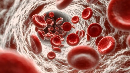 Fototapeta premium Red Blood Cell Highway:components of our blood. An artistic shot showcasing a multitude of red blood cells flowing through narrow vessels—a visual metaphor for oxygen transport. 
