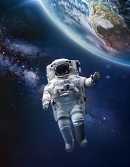 Fototapeta premium Astronaut Floating in Space with Earth in the Background and a Field of Stars