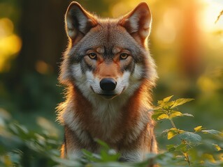 Obraz premium alert eurasian wolf facing the camera in a sunlit summer forest lush greenery surrounding it capturing the essence of wildlife and the beauty of nature in a candid moment