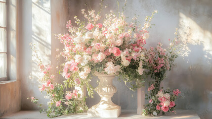 Pink podium for product presentation, Empty wall with window shadows, flowers and leaves, 3d render of pink podium with cherry blossom petals on it, Spring cherry blossom product display podium 