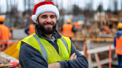 Obraz premium cheerful construction worker wearing Santa hat and safety vest stands confidently at construction site, embodying festive spirit amidst busy environment