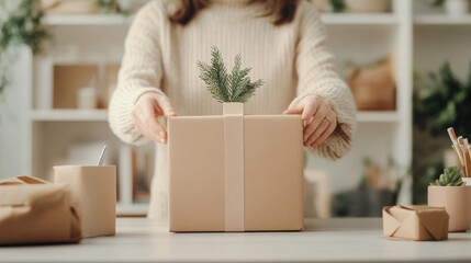 Fototapeta premium A person is wrapping gift with natural elements, showcasing cozy and festive atmosphere. scene features beautifully wrapped present adorned with small plant, perfect for holiday celebrations