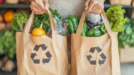 Eco friendly shopping bags filled with fresh vegetables and greens, showcasing commitment to sustainability and healthy living. bags feature recycling symbol, emphasizing environmental awareness