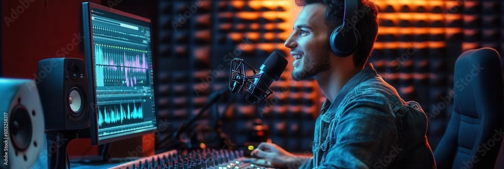 Aufkleber A podcaster is actively recording in a contemporary studio, focused on engaging with listeners through high-quality audio equipment. Generative AI