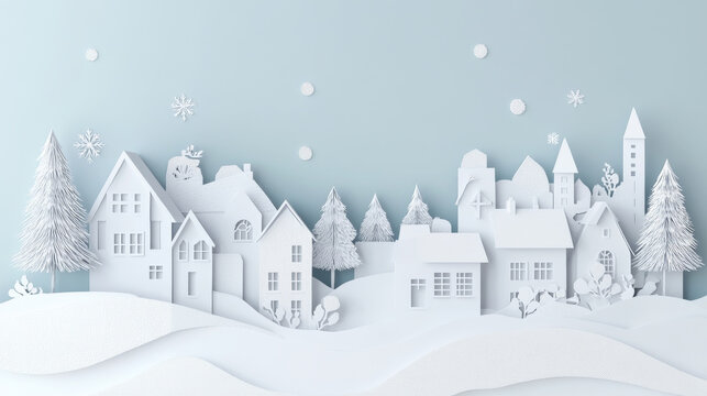 A serene winter landscape featuring white paper cut out houses, trees, and snowflakes against soft blue background. This charming scene evokes peaceful holiday spirit