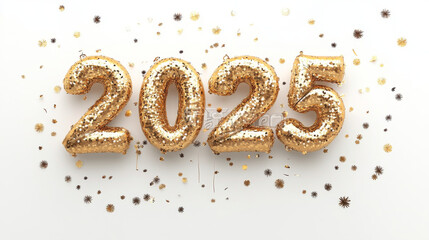 Celebrate arrival of new year with sparkling golden balloons that read 2025, surrounded by festive confetti and decorations, creating joyful atmosphere
