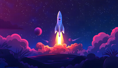 Cartoon rocket goes fly up launch. Space galaxy adventure travel landscape view. cartoons design