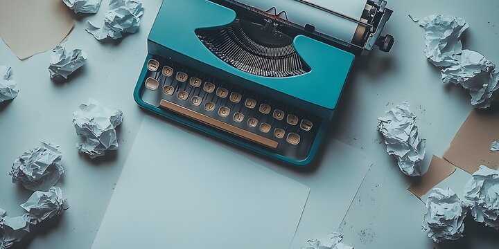 Minimalist workspace with a typewriter, crumpled papers, and blank canvas on a light gray background, symbolizing a writer's journey for National Novel Writing Month.