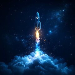 Fototapeta premium A space rocket in wireframe, floating on dark blue empty background.