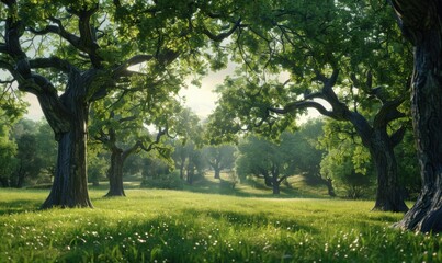 Fototapeta premium Peaceful meadow dotted with ancient oak trees, 4K hyperrealistic photo