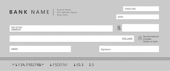 Bank check, vector blank money cheque, checkbook template with guilloche pattern and fields. Currency payment coupon, money check background