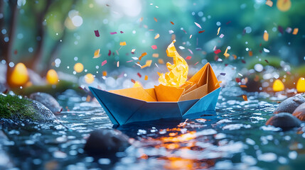 Fototapeta premium vibrant origami boat floats on serene water surface, surrounded by colorful confetti and glowing lights. scene evokes sense of joy and creativity
