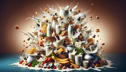 An energetic explosion of various foods and beverages with a dynamic splash of milk against a warm-toned background.
