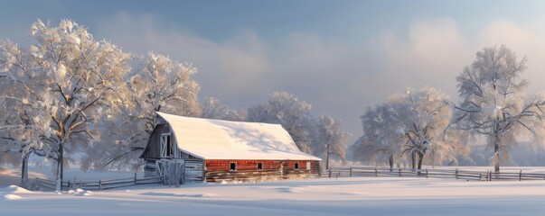 Snow-covered barn in a rural winter scene, 4K hyperrealistic photo